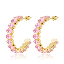 Linawe Pink Gold Half Hoop Earrings for Women Trendy, Chunky Gold Hoops, Cubic Zirconia Huggie Earrings, Birthstone Cubic Zirconia Imitation Diamond Crystal Hypoallergenic Hoop