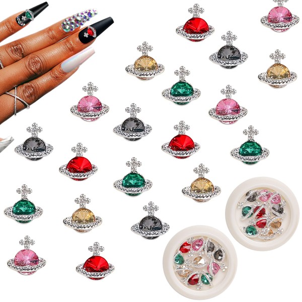 Dijes de uñas, 20 dijes de uñas de planeta para decoración de uñas 3D, dijes de uñas cromados en forma de Saturno para uñas de planeta 3D, diamantes de imitación, 5 colores (planeta)