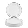 MATANA 25 Premium White Plastic Dessert Plates with Silver Rim,