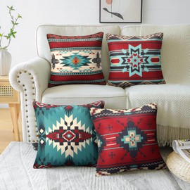 Cheekywares Sofa Cushion Cover 50 x 50 cm Ethnic Boho Geometric Cushion Covers Linen Tribal Aztec Retro Cushion Cover Decorative Cushion Cover for Sofa Bed Patio Balcony Garden Set of 4