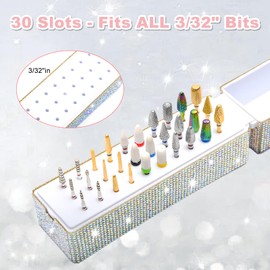 CGBE 30-Slot Nail Drill Bit Holder with Rhinestones, Dustproof Nail Bit Organizer Case for Nail Tech, Portable Sparkly Nail Drill Bits Storage Box for Nail Art Tools (Not Inlcude Drill Bits)