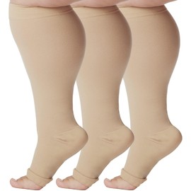 ABSOLUTE SUPPORT (3 Pairs) Plus Size Compression Support Socks for Women and Men 20-30mmHg | For Circulation Travel, Flying, Sports, Athletic - Open Toe - Beige, 2X-Large - A511BE5-3