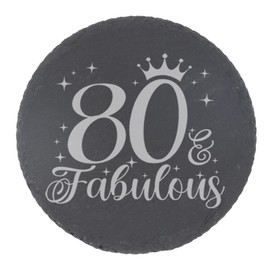 80th Birthday Gift for Women 80 & Fabulous Engraved Slate Coaster Present for 80 Year Old Etched Natural Slate Placemat (Round Coaster)