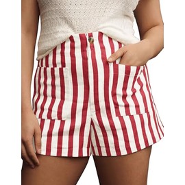 ACCPUR Women Striped Linen High Waisted Wide Leg Summer Casual Button Shorts 2024 Y2k Color Block Boxer Shorts with Pockets Red