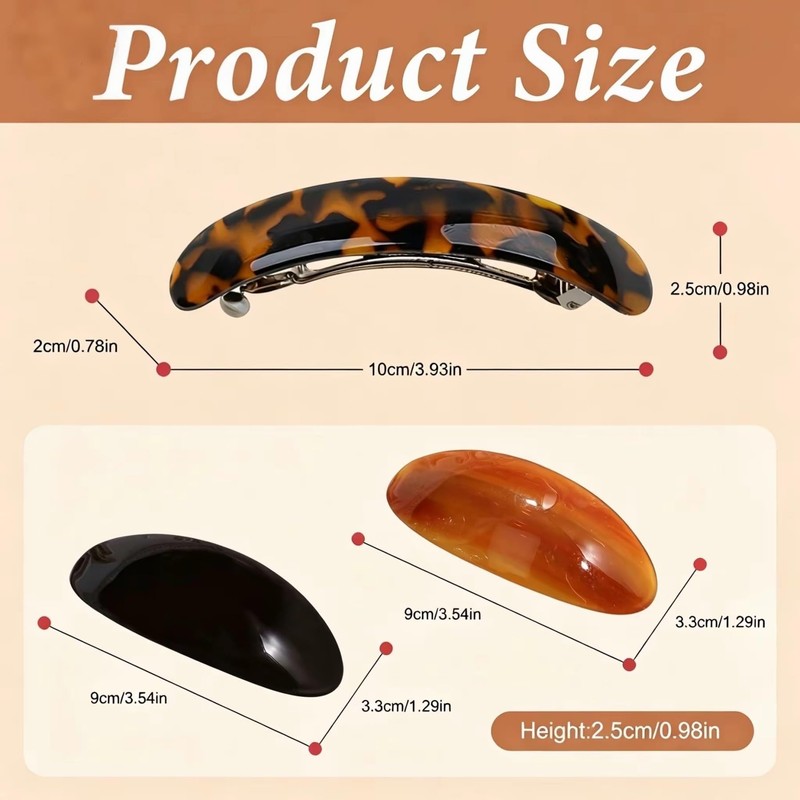 3Pcs French Hair Barrettes, Tortoise & Leopard Acetate Clips