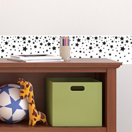Tempaper Falling Stars Kids Peel and Stick Borders + Stripes, 6" x 15' White/Black