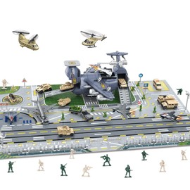 Military Transport Cargo Airplane Cars Toy with Vehicle Soldier Helicopter Combat Toy,Aircraft Model Toys Playset with Figures,Mini Fighting Vehicle Army Men Base Play Map for Kids Boys Girls Age 3+