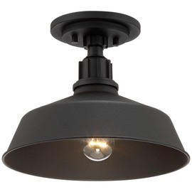 Franklin Iron Works Arnett Rustic Industrial Semi Flush-Mount Urban Barn Outdoor Ceiling Light Semi Flush Mount Fixture Black Aluminum 12" for Exterior House Porch Patio Outside Deck Garage Garden