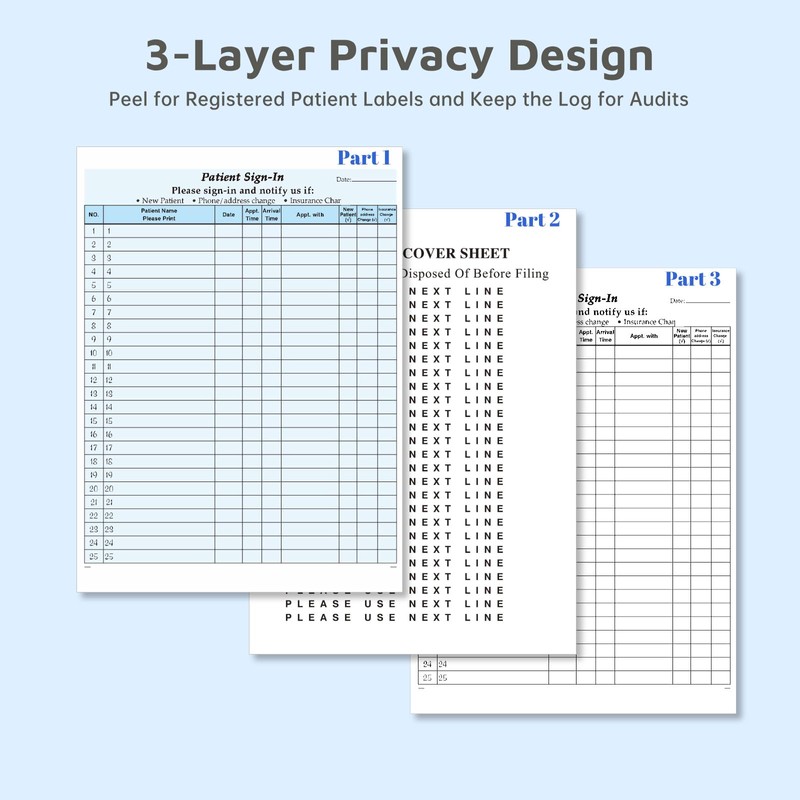 Patient Sign-in Sheets, HIPAA Compliant, 12 Sheets, Carbonless 3-Part Forms