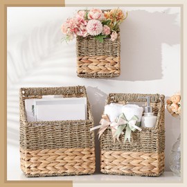 Cinnvoice Set of 3 Wicker Wall Magazine Basket, Magazine Holder Water Hyacinth Storage Baskets for Mail, Files, Books & Accessories Wall-mounted Organizer for Door Home, Office Organization