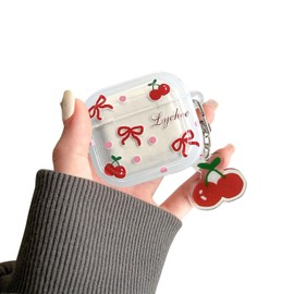Fycyko for AirPods 4 Case Cute Bowknot Cherry Lovely Transparent Clear Cover Soft Protective Skin Shockproof Protector for AirPod 4th Generation+Cherry Keychain