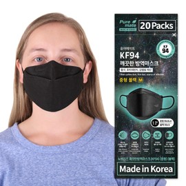 PUREMATE [20 Packs Made in Korea KF94 Face Mask White Black Individual Wrapped Filter Efficiency ≥ 94% (Medium(Pack of 20), Black)