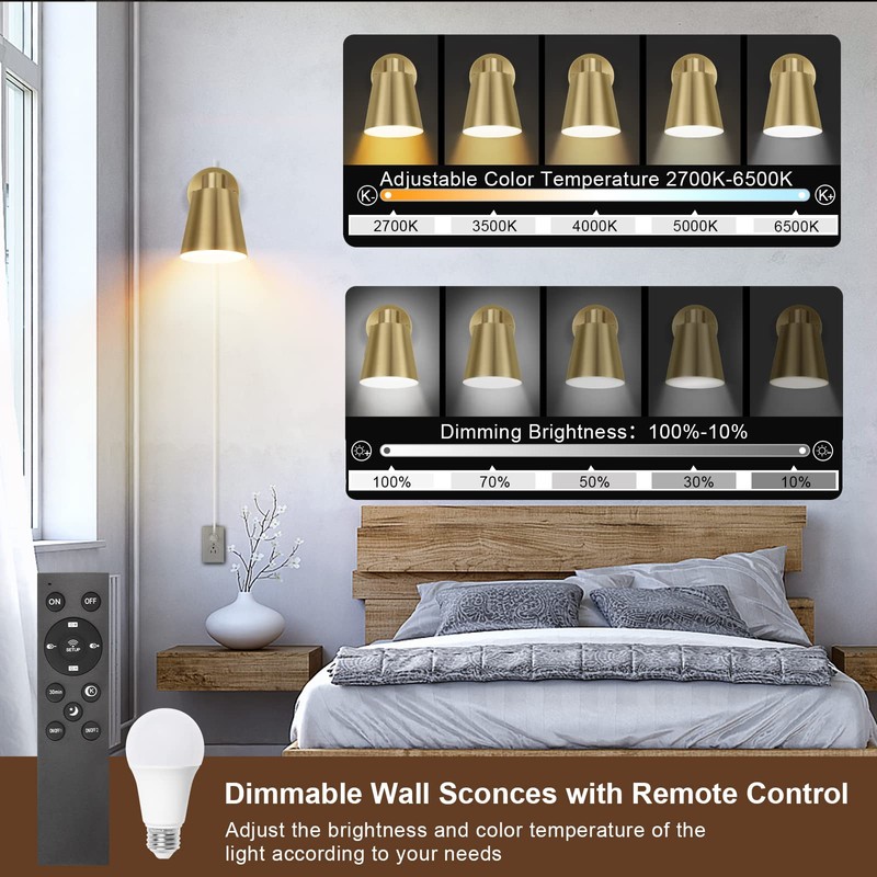 VATONI Plug in Wall Sconces with Remote Control, Adjustable Color