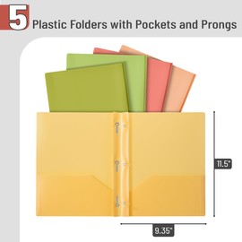 Mr. Pen- Plastic Folders with Pockets and Prong, 5 Pack, Assorted Colors, Pocket Folders, Folders with Prongs, File Folders with Fasteners, 2 Pocket Folder, Folder with Pockets, Two Pocket Folder