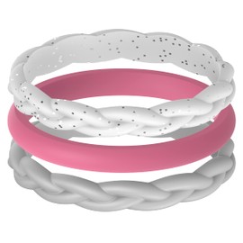 ThunderFit Women Silicone Wedding Bands - Stackable Rings Pack (Set of 3) - Unique Designs (Grey A, Clear White + Silver Glitter A, Pink B - Size 5.5-6 (16.5mm))