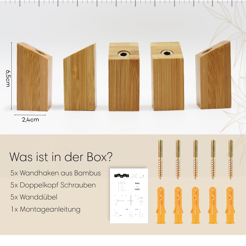 luXva® Bamboo Wall Hooks, Pack of 5, Natural Wooden Coat