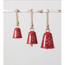 Christmas Bells Rustic Decor Christmas Big Ornaments Handcrafted Hanging Bell Home Decor Bells Set of 3 (Red)