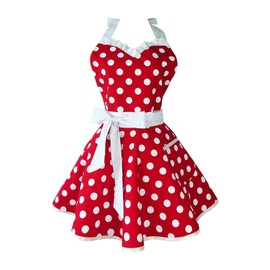 Kitchen Apron for Women, Retro Kitchen Apron for Women/Girls, Cotton Polka Dots, Vintage Apron for Chef Baker, Perfect for Cooking, Baking, Gartenar Red, red