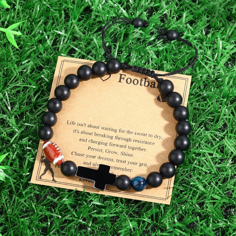 Alissl Football Cross Bracelet for Boys, Adjustable Beaded Bracelet Gift