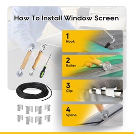 Window Screen Door Repair/Replacement Kit, King&Charles Include Gray Screen Mesh 59"x106"+ 2 Roller+50Ft Spline+8Clips+Hook, 6 in 1 Window Mesh Kit, Steel/Nylon Bearing Roller
