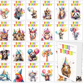 30 Animal Birthday Cards drawn in Bright Watercolours with White Envelopes - 30 Different Designs
