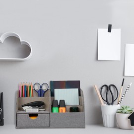 Relaxdays Desk Organiser, Drawer & 6 Compartments, Linen Look, H x D: 14.5 x 28 x 14.5 cm, Office Pen Holder, Grey