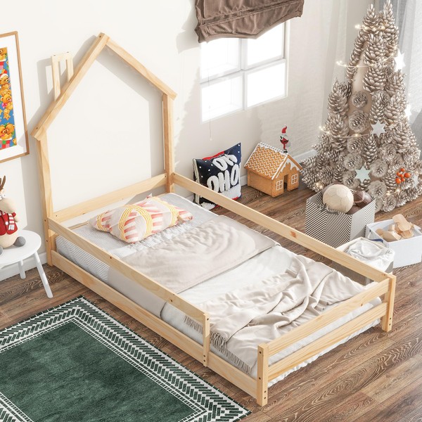 Dolonm Twin Size Montessori Toddler Floor Bed Frame, Modern House-Shaped