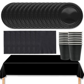 MOMAHUA 53P Party Tableware Set,Black Dinnerware Set with Plates,Tablecloth,Napkins,Cups,Solid Color Table Decorations for Birthday,Wedding,Picnic,Baby Shower,Party Supplies for 16 Guests