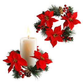 Christmas Candle Rings Set of 2, 4＂ Pinecone Red Poinsettia Wreaths for Pillar and Taper Candles - Festive Candlesticks Centerpieces for Christmas, Wedding, Thanksgiving, Party, Dinner Table Decor