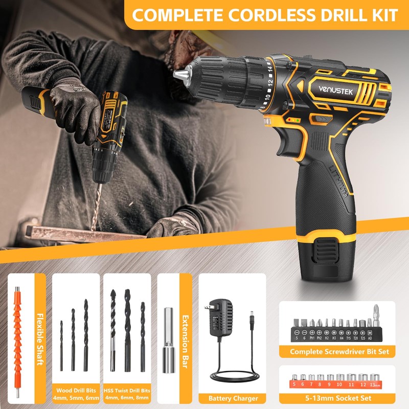 VENUSTEK Cordless Drill Set 12V Power Drill with Battery and