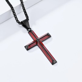 Rnivida Cross Necklace for Men Black Red Stainless Steel Beveled Edge Cross Pendant