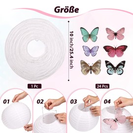 LIHAO 25 cm Paper Lantern Lampshade with Butterfly Round Lantern Classic Bamboo Style Ribbed Lampshade Decoration for Party Garden Wedding Decoration (White)