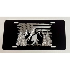 Engraved Big Foot Sasquatch US Flag Car Tag Diamond Etched Metal License Plate, Black
