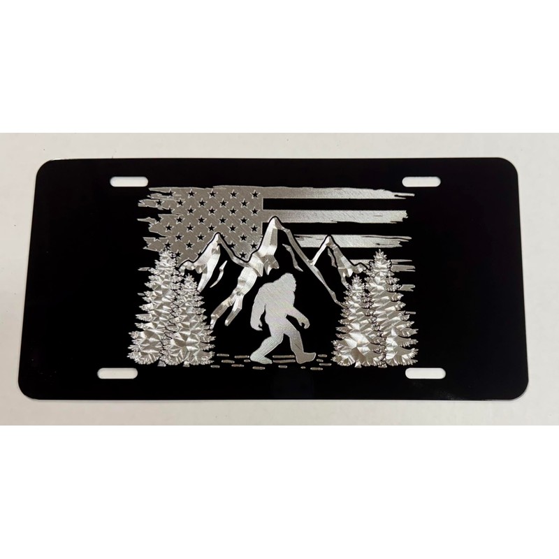 Engraved Big Foot Sasquatch US Flag Car Tag Diamond Etched