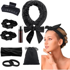 Rizadores de Cabello Sin Calor, 9 Pcs, Kit de Ondas Naturales para Dormir, Diadema Extra Larga 71" con Pinzas y Coletero, Terciopelo Suave Sin Daños, Ideal para Cabello Largo y Regalos (Negro, Talla única)