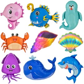 OSDUE 9 PCS Ocean Animal Balloons Ocean Theme Party Supplies, Birthday Decorations,Shark, Whale, Lanternfish, Octopus, Sea Lion, Seahorse, Crab, Conch, Shell Ballons for Kids Shower Birthday Supplie
