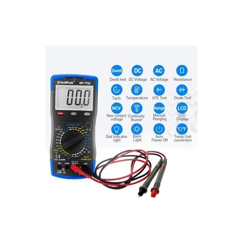 HoldPeak Digital Multimeter Automotive AC/DC Volt Amp Dwell Meter RPM