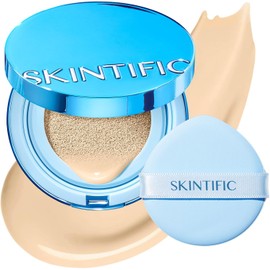SKINTIFIC Base Cushion Velvet Matte, Polvo Ultra Cover Azul, control de grasa por 12 horas, ligera, de larga duración, resistente al agua, maquillaje coreano en cushion(01W Warm Vanilla)