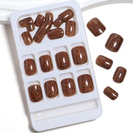 ANDGING Bling Brown Press on Nails Square Short Fake Nails with Designs Fantasy Glitter Acrylic Glue on Nails Gel Full Cover Pressons False Nails for Wedding Manicure Stick on Nails for Women