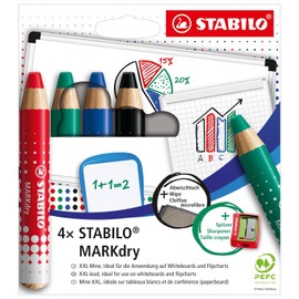 STABILO Markdry Set of 3 Cardboard Cases x 4 Marker Pencils + 1 Sharpener + 1 Clothaa