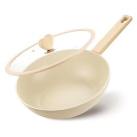 Wok with Lid, 5 Quart Wok Pan with Nonstick Cream Interior, Nonstick Wok with Cool-touch Heart-shaped Handles, Flat Bottom Woks with Lid, Deep Pan Induction Compatible, Cream Woks - 11 Inch