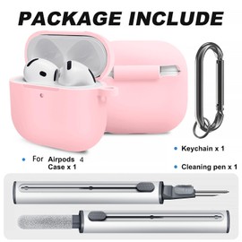Woyinger Silicone Case Cover for AirPods 4th Gen, Soft Skin, Full Protection, Keychain, Cleaner Kit (Pink)