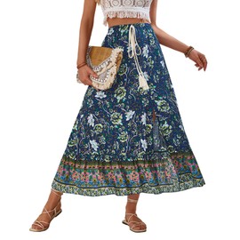 Longwu Women's Boho Skirts Ladies Summer Skirts Floral Print Bohemian Style Half Dress Elasticated Waist Flowy Swing Midi Skirt Dblue-S