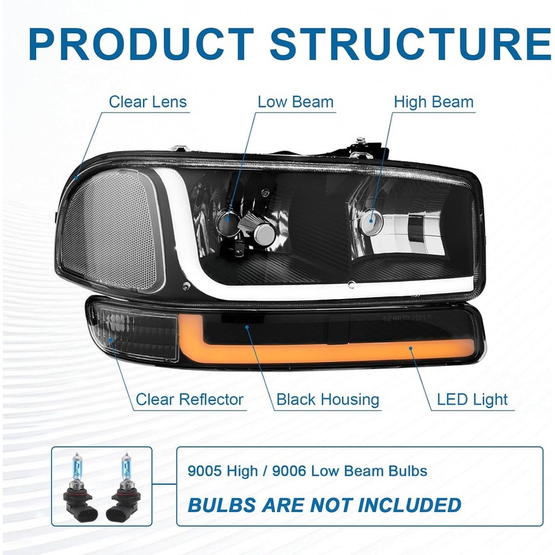 Fullux LED DRL Headlights Assembly Compatible with 1999-2007 GMC Sierra/2000-2006