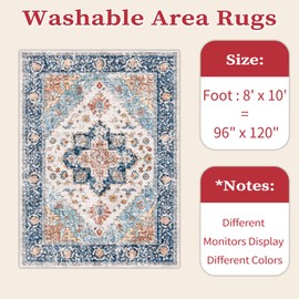 SERISSA Boho 8x10 Area Rugs, Washable Vintage Large Living Room Rug Non-Slip, Ultra Soft Oriental Print Distressed Tribal Farmhouse Blue Orange Carpet for Dining Room Bedroom Dorm Office Home Decor