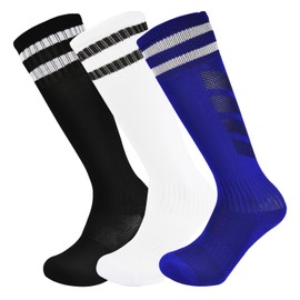 Marchare Boys Soccer Socks Toddler Athletic Socks 10-14 Years Knee High Striped Football Socks For Boys Girls Black/Blue/White 3 Pairs