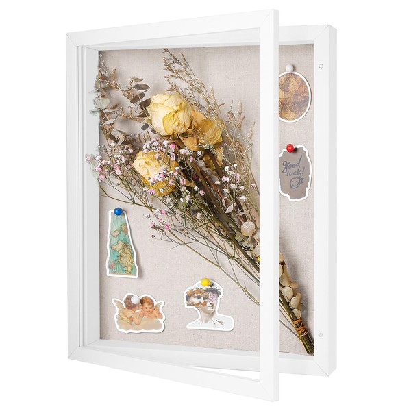 Califortree 11x14 Shadow Box Frame with Linen Back - Sturdy Rustic Memory Display Case of Flower, Pictures, Medals and More, White