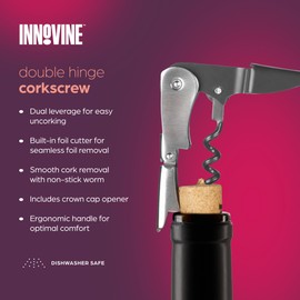 Innovine Double Hinge Corkscrew, Stainless Steel Wine Opener with Dual Leverage and Built-In Foil Cutter, Perfect for Home Bar, Travel, Camping, Picnic, Outdoor Party, Set of 1, Graphite