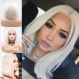 Karissa Hair Best Blonde Bob Synthetic Lace Front Wigs for Women Short Blonde Lace Wig with Baby Hair Middle Part Straight Synthetic Wig Lace Frontal Cosplay Party Use
