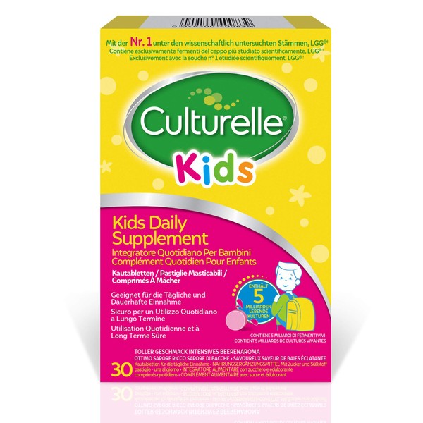 Culturelle Kids Daily Supplement for Children, 30 Chewable Tablets - 5 Billion Bacterial Cultures Lactobacillus Rhamnosus GG - Vegan - 30-Day Supply